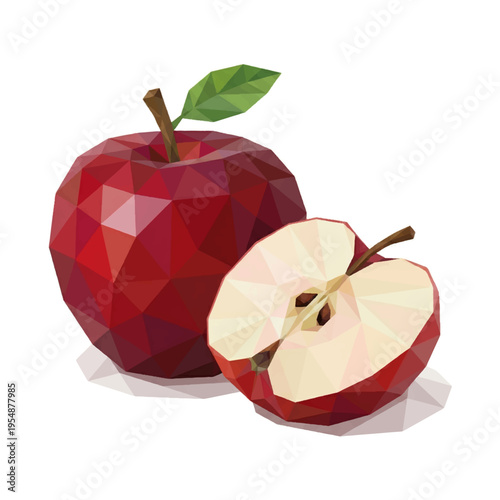 Red apple and a half slice with green leaf in low poly geometric style isolated on white background