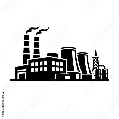 Comprehensive Industrial Facility Vector Icon Featuring Factory Buildings, Active Smokestacks Emitting Smoke, Large Cooling Towers for Power Generation, and an Integrated Processing Plant Structure. A