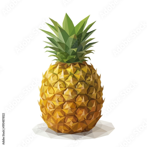 Yellow pineapple with green leaves in low poly geometric style isolated on white background