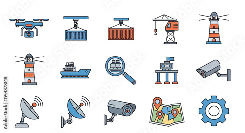 Logistics and Security Icons: Drone, Ship, Crane, Lighthouse, CCTV, Map, Satellite