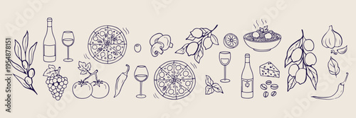 Pizza, wine glasses, cheese, grapes, set, illustration, vector, doodle, dining
