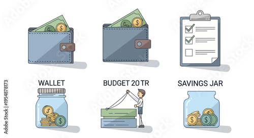 Financial Planning Icons: Wallet, Budgeting, Savings Jar, Checklist