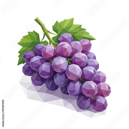 Bunch of purple grapes with green leaves in low poly geometric style isolated on white background