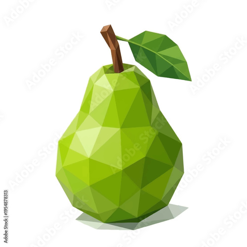 Green pear with leaf in low poly geometric style isolated on white background