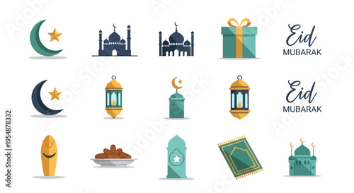 Eid Mubarak Islamic symbols and icons set