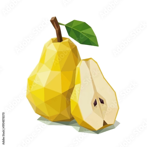 Whole yellow pear and a half slice with leaf in low poly geometric style isolated on white background