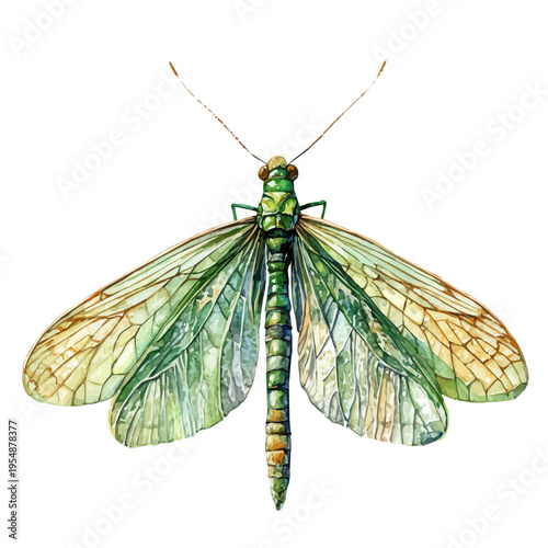 watercolor of Green Lacewing, vector, isolated on a white background.