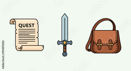 quest, sword and leather bag