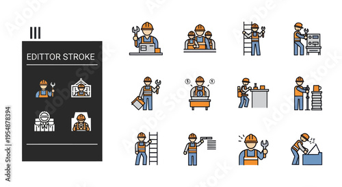 construction workers icons set, vector illustrations
