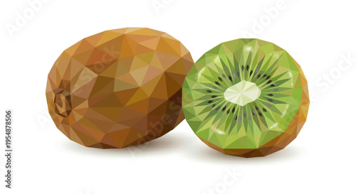 Whole kiwi and a half slice in low poly geometric style isolated on isolated background