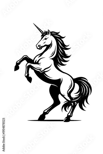 Majestic Rearing Unicorn Vector Art Illustration – A Powerful Mythical Creature with a Spiraled Horn in Dynamic Black and White Stylized Design, Symbolizing Purity, Magic, and Strength for Diverse Cre