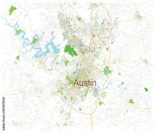 Austin, Texas Topographic Color Map With Rivers, Lakes, Highways, and Streets Editable Vector Design