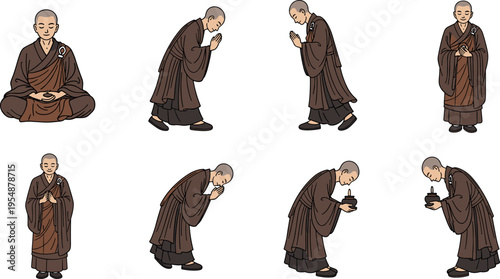 Buddhist monk meditation and greeting poses collection with traditional robe spiritual practice cartoon vector illustration set