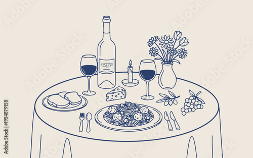Romantic italian dinner table set, pasta and wine dining sketch, elegant restaurant dinner table vector, mediterranean cuisine food doodle art, candlelight dinner romantic table design, gourmet italia