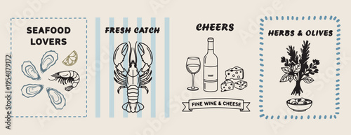 Lobster seafood and wine dining sketch, hand drawn fresh catch restaurant menu, gourmet dinner wine and cheese art, luxury seafood dinner vector illustration, rustic restaurant menu design elements, c