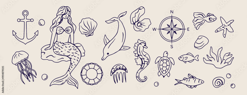 Fototapeta premium Sea life underwater, dolphin and seahorse, ocean animals pattern, hand drawn marine doodles, nautical beach illustration, summer aquatic elements, sea creature sketches