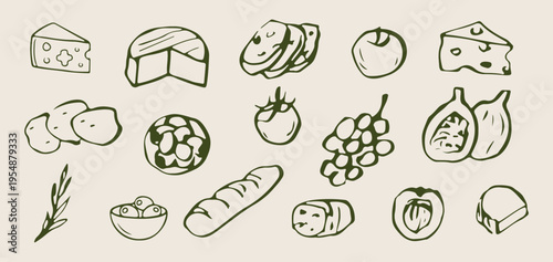 Healthy grocery items, fresh fruit vegetables, bread and cheese, hand drawn food doodles, organic market illustration, kitchen cooking elements, balanced diet sketches