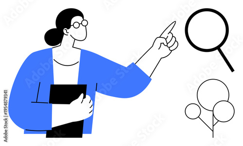 Woman in glasses and blue jacket pointing at magnifying glass and tree diagram. Ideal for research, analysis, education, learning, exploration, organization, decision-making. Simple flat metaphor