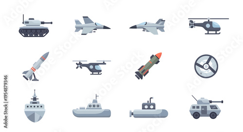 Military Vehicles and Weaponry Icon Set, Flat Vector Illustration of Tank, Fighter Jet, Navy Ship, Submarine, and Missile Icons Isolated on White Background
