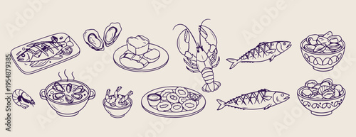 Seafood platter feast, lobster and oysters, gourmet ocean food, hand drawn restaurant doodles, Mediterranean diet illustration, fresh fish sketches, culinary dining graphics