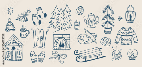 Winter holiday hygge, cozy xmas sketches, mountain cabin doodles, festive season elements, hand drawn winter icons, outdoor adventure illustration, holiday cottage graphics