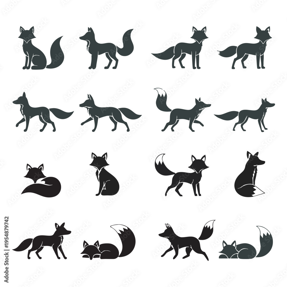 Obraz premium Black and White Fox Silhouette Set, Minimal Wild Animal Vector Icons with Different Poses