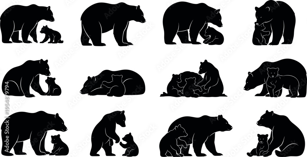 Fototapeta premium Bear and cub silhouette collection showing mother bear caring protecting and playing with baby cub wildlife vector illustration set