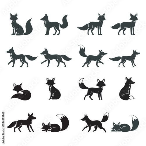 Black and White Fox Silhouette Set, Minimal Wild Animal Vector Icons with Different Poses