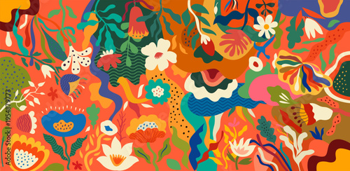 Floral art background. Colourful flower print design.
