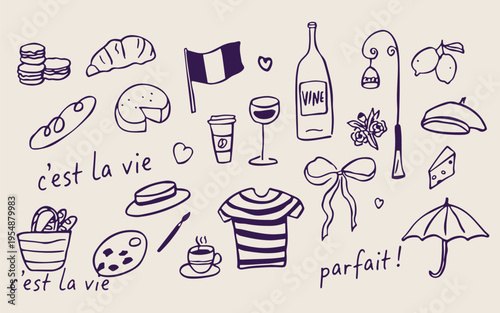 French Riviera lifestyle, South of France doodles, Mediterranean coast sketches, hand drawn summer elements, luxury vacation illustration, nautical beach graphics, French picnic doodles