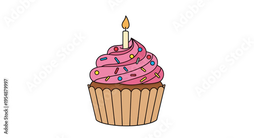 Sweet Pink Cupcake with Candle and Sprinkles on White Background - Celebration Treat