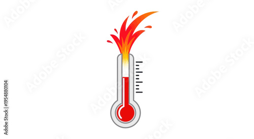 Thermometer with orange flames and splashes on white background
