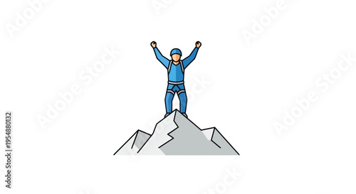 Pixel Art Climber Reaches Mountain Summit, Arms Raised in Victory