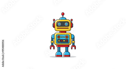 Retro robot toy with colorful design and friendly face, isolated on white background.