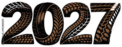 Bold illustrative numbers '2027' formed from tire tread and rubber texture, evoking automotive travel, road journey and New Year concept with rugged