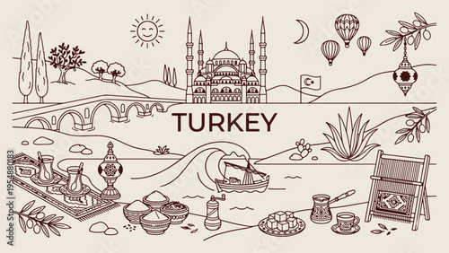 Turkey Istanbul landmarks, mosque architecture illustration, Turkish tourism doodles, hand drawn Turkey icons, Cappadocia travel sketches, cultural heritage graphics, Middle East vacation
