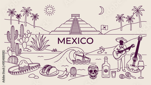 Mexico landmarks tourism, Chichen Itza pyramid, Mexican culture icons, Sombrero taco food, Maya civilization history, Vector line art, Travel adventure sketch