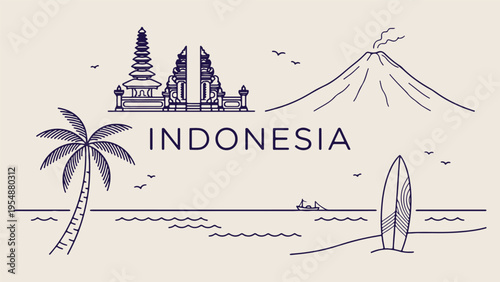 Indonesia travel landmarks, Bali temple illustration, southeast asia tourism, hand drawn Indonesian icons, tropical island vacation, cultural heritage sketches, Jakarta city skyline