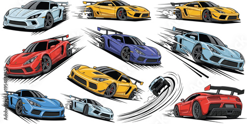High Speed Sports Cars Collection with Dynamic Motion Effects, Racing Supercars in Action, and Performance Vehicle Vector Illustration Set