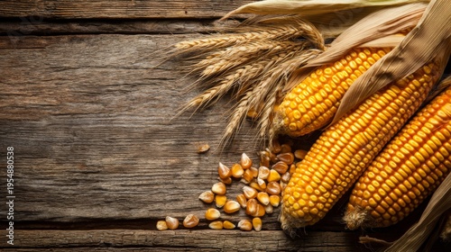 Fresh Corn, Wheat, and Grains Arranged on Rustic Wooden Table Surface with Natural Lighting for Organic Food Themes and Farm Fresh Aesthetics