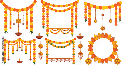 Diwali Marigold Garland Decorations Set with Hanging Floral Strings, Oil Lamps, and Traditional Indian Festival Ornamental Elements Vector Illustration Collection