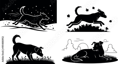 Black dog silhouette collection with running jumping sniffing and resting poses in nature landscape isolated vector illustration set
