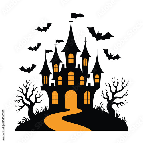 A spooky halloween castle silhouette with bats and a winding pathway