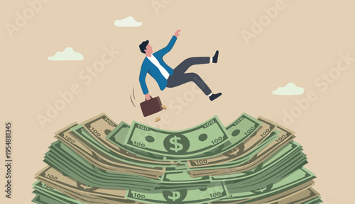  Insurance, reserve money or emergency fund business failure, mistake accident, compensation money support in to cushion concept, fail businessman falling huge or money banknotes safety cushion