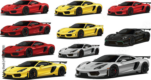 Luxury Sports Car Collection with High Performance Supercars in Red, Yellow, Black, and Silver Colors, Modern Automotive Vector Illustration Set