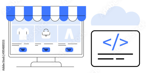 E-commerce, online retail, web development, coding, cloud technology, programming. Computer monitor displays an online store with clothing icons. E-commerce and web development concept