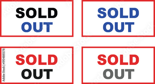 Sold Out Label Icon Set with Bold Typography in Rectangular Frames for Retail Inventory Status, Product Availability Notices, and Marketing Design