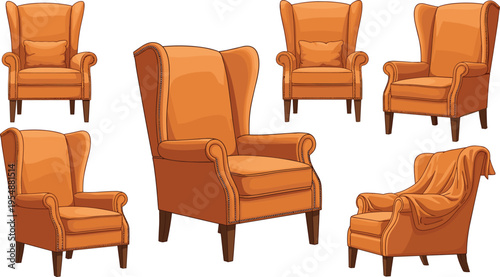 Classic Wingback Armchair Set with Vintage Leather Furniture Designs, Elegant Living Room Seating, and Cozy Interior Decor Vector Illustration Collection