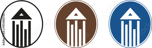 Government Building Icon Collection with Classical Column Architecture Symbols in Circular Badge Styles for Institutional Branding, Legal Concepts, and Civic Design