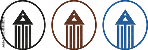 Government Building Icon Set with Classical Column Architecture Symbols in Circular Frames for Institutional Branding, Legal Concepts, and Civic Graphic Design
